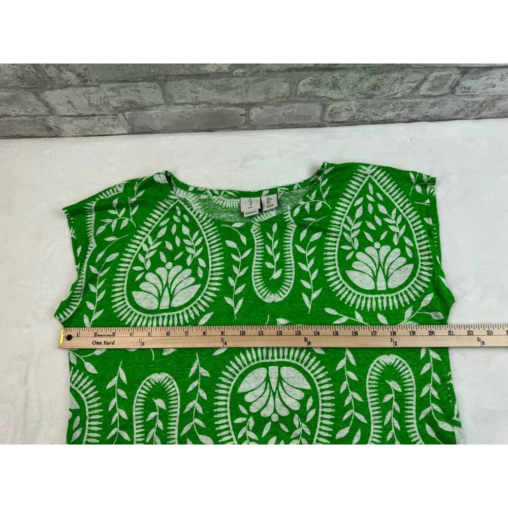 Joie Linen Tee Top Kelly Green White Paisley‎ Botanical Print Cap Sleeve Size L - Picture 6 of 9